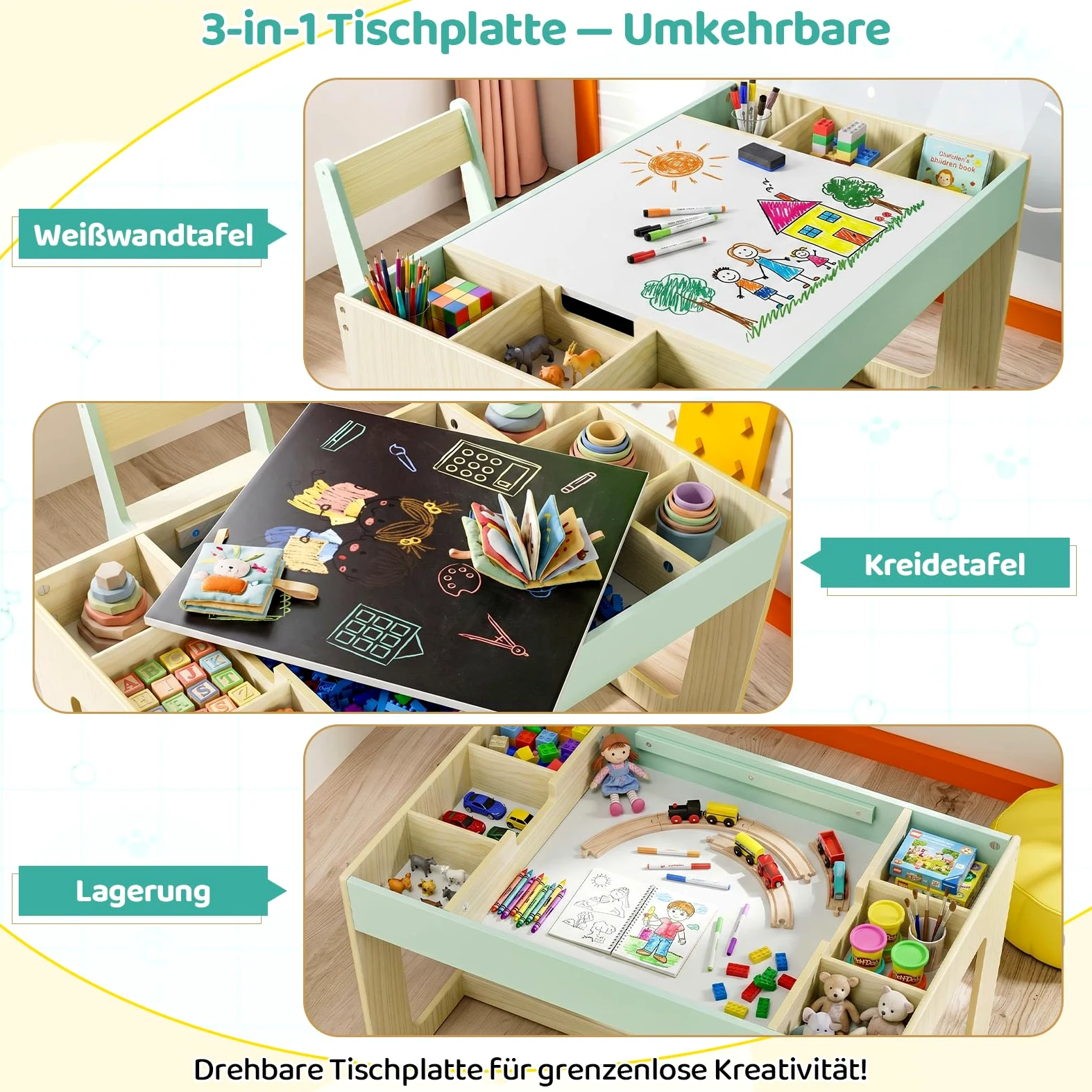 MAMIZO Kindersitzgruppe mit Stauraum, Kindertisch mit 2 PCS Stühlen, Kinder Tisch Stuhl Set mit wendbarer Tischplatte, Kinderschreibtisch für Kinderzimmer Kindertagesstätte,ab 3+, Holzfarbe mit Grün
