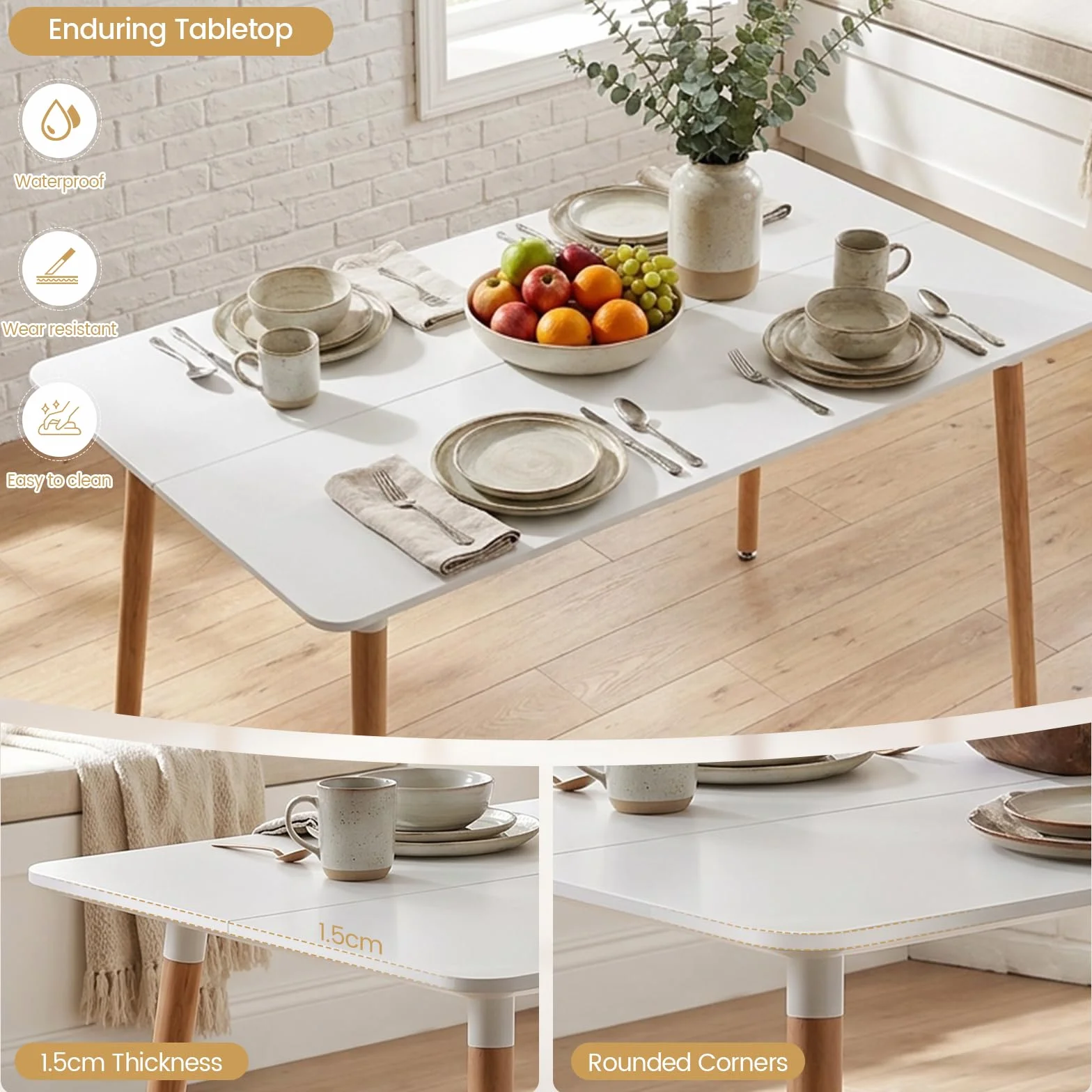 H.J WeDoo Rechteckig Esstisch Küchentisch Buchenholz für 4 Stühle Esszimmertisch Tisch mit Holzbein MDF Weiß 110 x 70 x 75 cm(Nur Tisch)