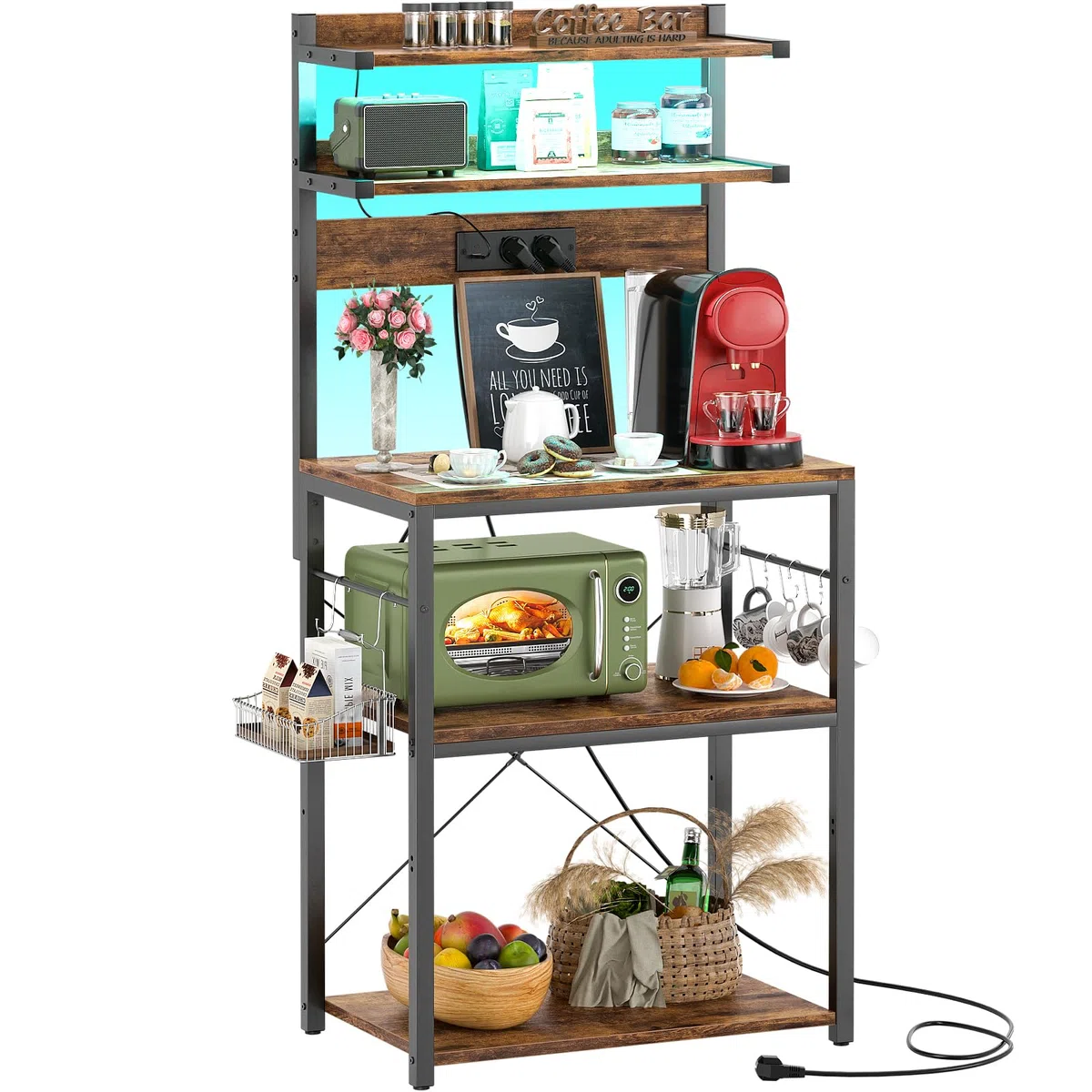 iSunirm Bäckerregal mit Steckdose, Mikrowellenständer, 5-stufige Kaffeebarstation mit LED-Leuchten, Küchenregal mit 6 S-förmigen Haken, Küchenregal für Gewürze, Töpfe und Pfannen, Rustikales Braun