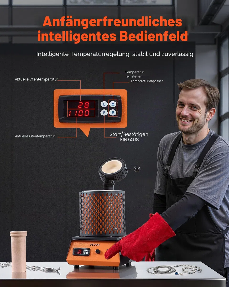 VEVOR digitaler Goldschmelzofen Maschine mit 3 kg Keramiktiegel, elektrischer Schmelzofen 1350 W max. 1150 ℃, Metallschmelzofen Set für Schmuckherstellung Metallbarren Metallkomponenten Schwarz