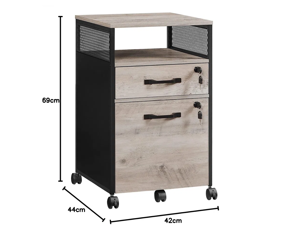 VASAGLE Rollcontainer, Aktenschrank mit 2 Schubladen, mobiler Büroschrank mit Rädern, offenes Fach, Hängeregistratur, Stahlgestell, Industrie-Design, greige meliert-tintenschwarz OFC077B02