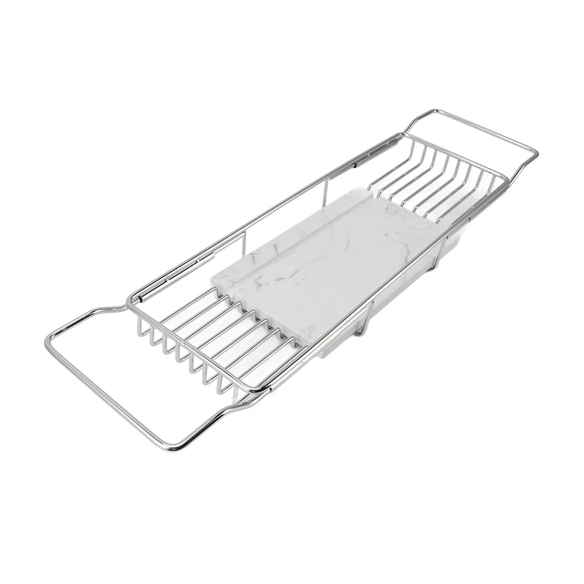 Badewannenablage, rutschfest, Multifunktional, Platzsparend, Erweiterbar, Edelstahl-Marmor-Badewannenregal, Modisch für Männer für Badezimmer (Silber Weiss)