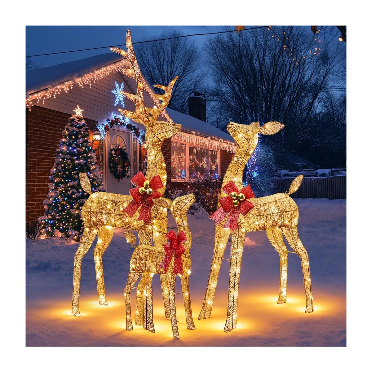 3 Stück Rentier Beleuchtet Aussen,Große Weihnachtsdekoration für den Draußen,mit 360° LED-Licht, Erdspießen, Wasserdicht, Goldfarben, für Hof, Terrasse, Restaurant Weihnachtsdeko