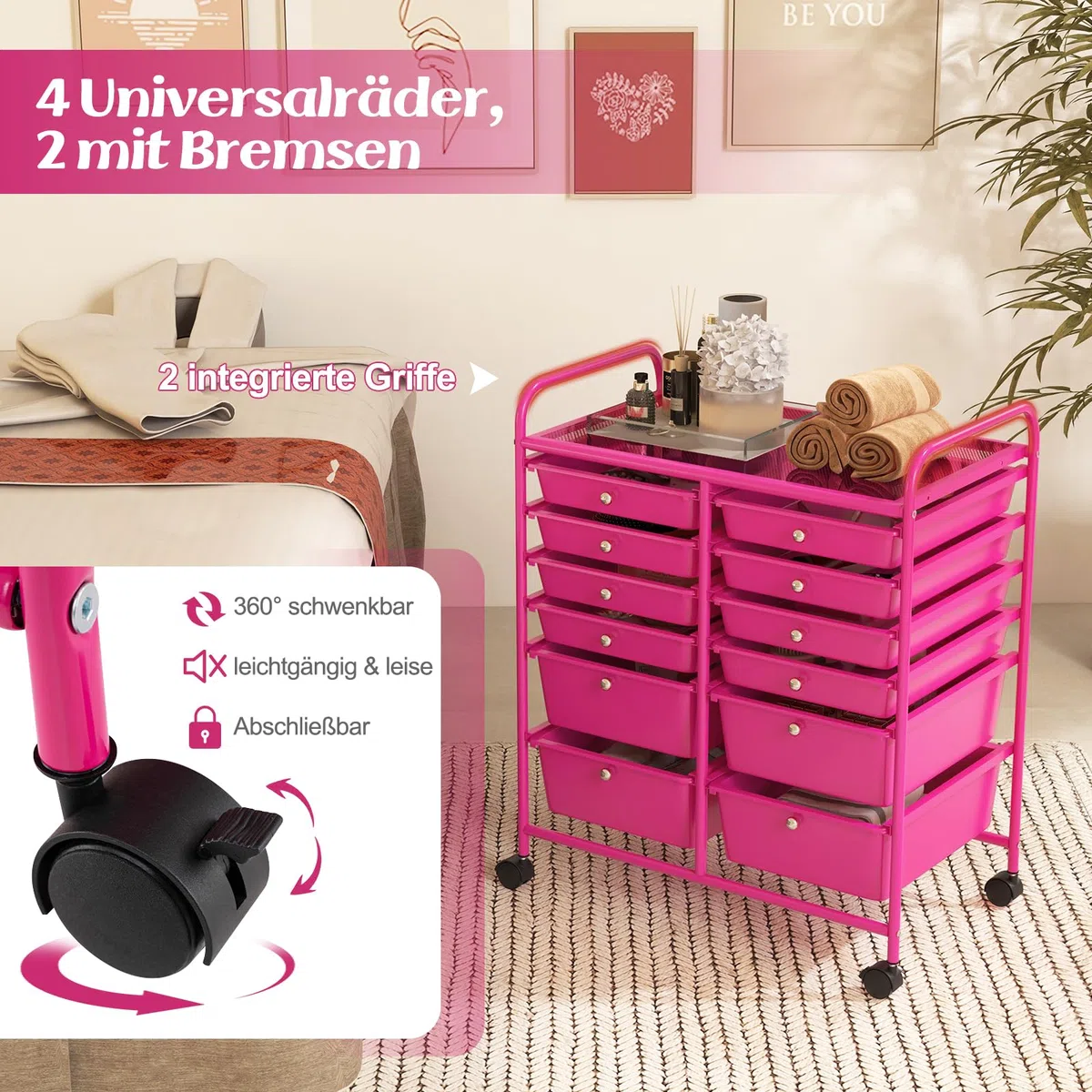 GOPLUS Rollwagen Schubladenwagen, Rollcontainer mit 12 stapelbaren Schubladen, Haushaltwagen auf Rollen mit Bremsen, Badtrolley Badregal, Aufbewahrungswagen für Heim und Büro (Hot Pink)