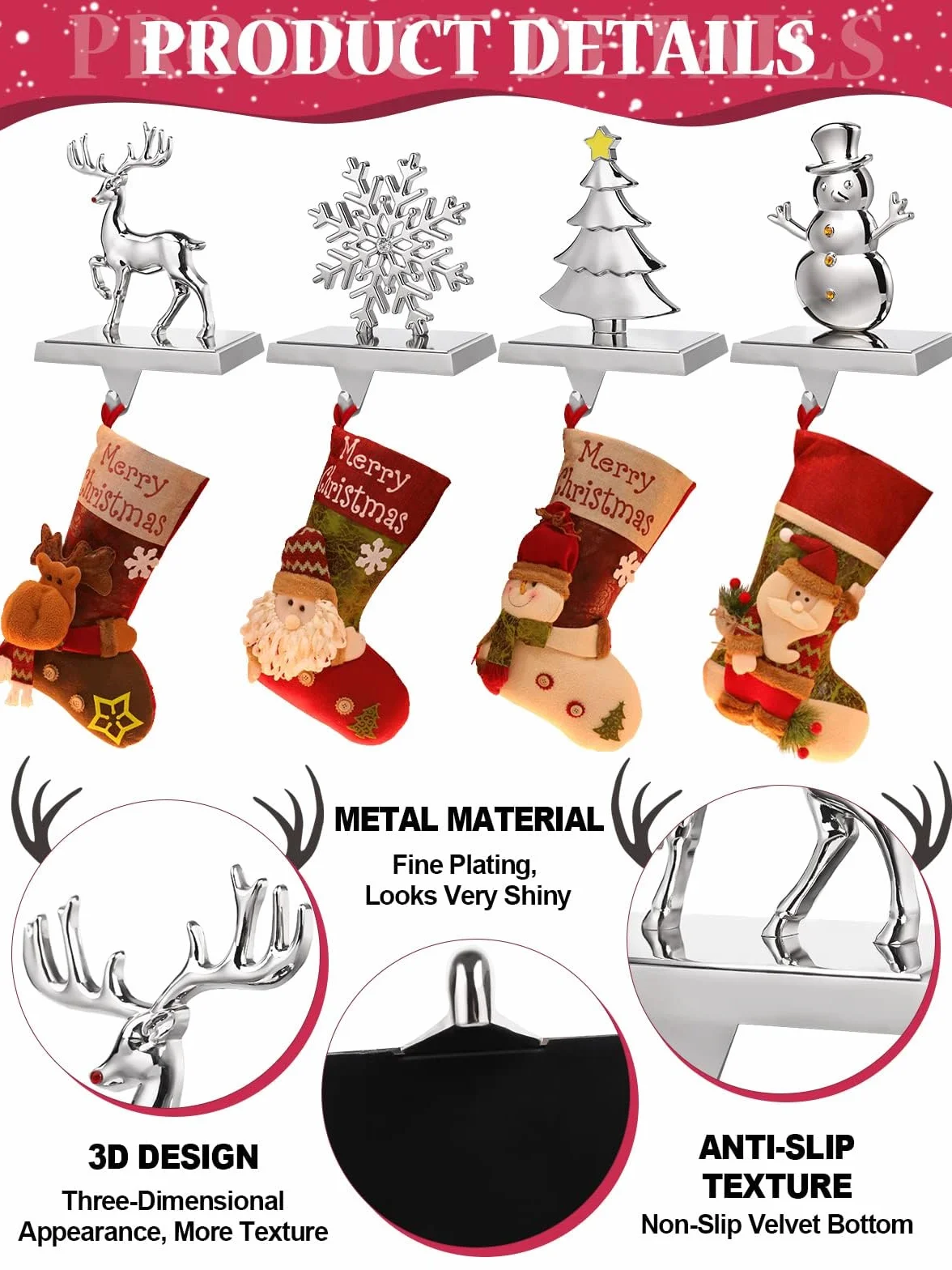 EBANKU 4 Pack Weihnachtsstrumpf Halter, Weihnachtsstrumpf Aufhänger Kaminhaken Rutschfest Nikolausstiefel Halter Hängen Strümpfe Aufhänger für Kamin Weihnachten Dekoration