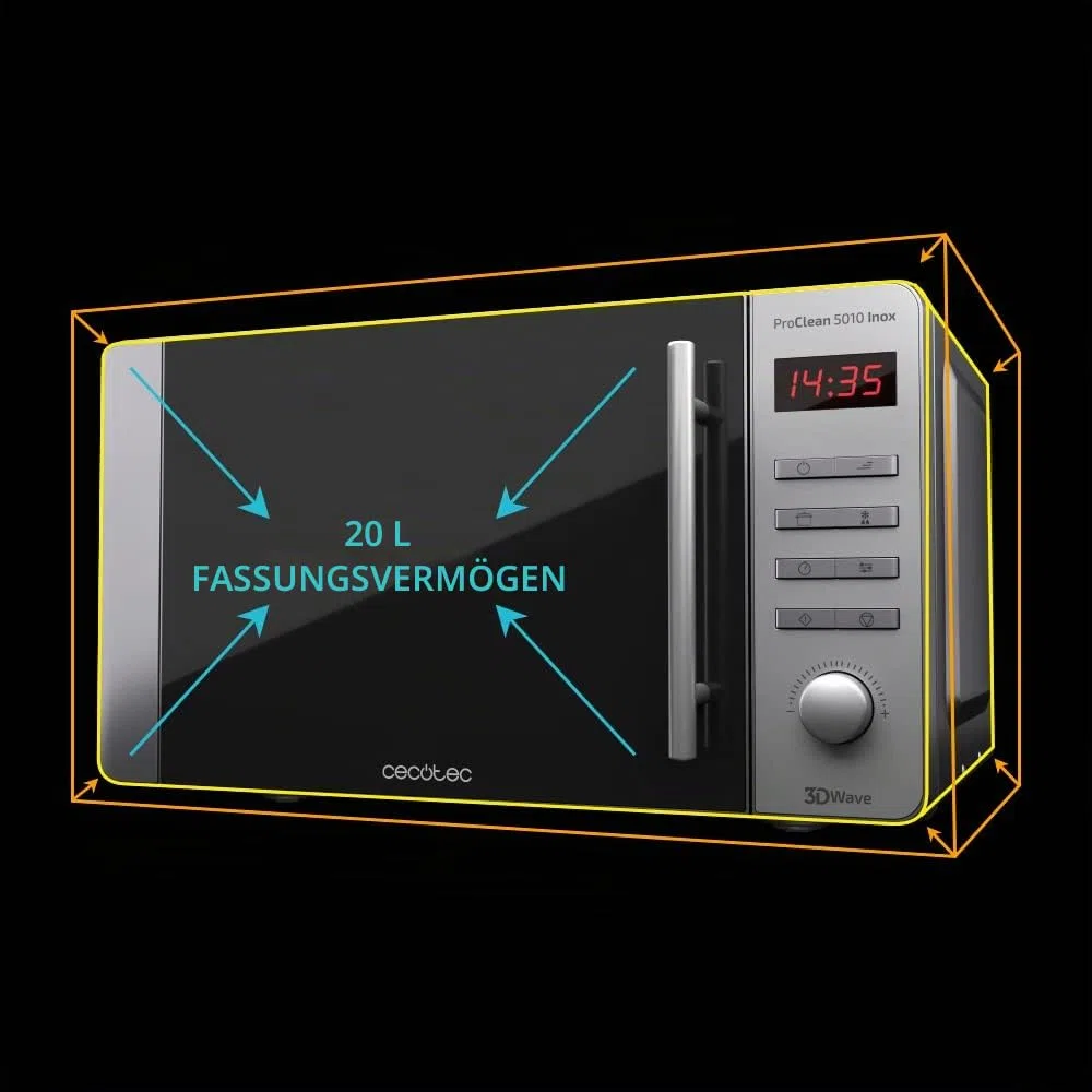 Cecotec Mikrowelle Pro Clean 5010 Mirror. 700W, Grill 800W, 20L, Garraum Ready 2 Clean Beschichtung, 3 D Wave, Front Spiegel Tür, 8 Programme, 60 Min Timer, LED, Edelstahl In Silber, Ohne Grill