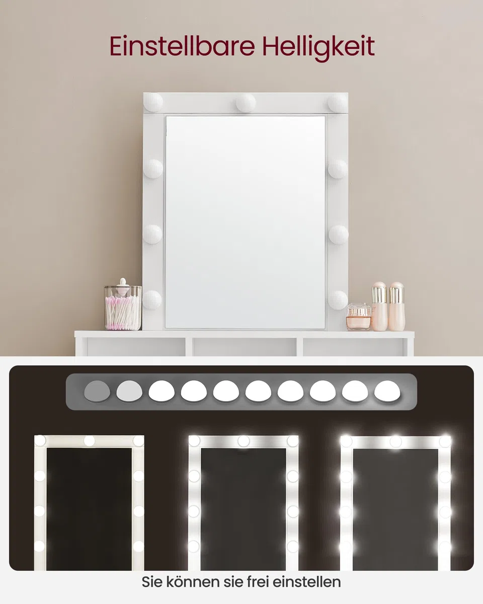 VASAGLE Kailyn Kollektion - Schminktisch mit LED-Beleuchtung, einstellbare Helligkeit, Frisiertisch mit Spiegel, Kosmetiktisch mit 2 Schubladen und 3 offenen Fächern, weiß RDT114W01