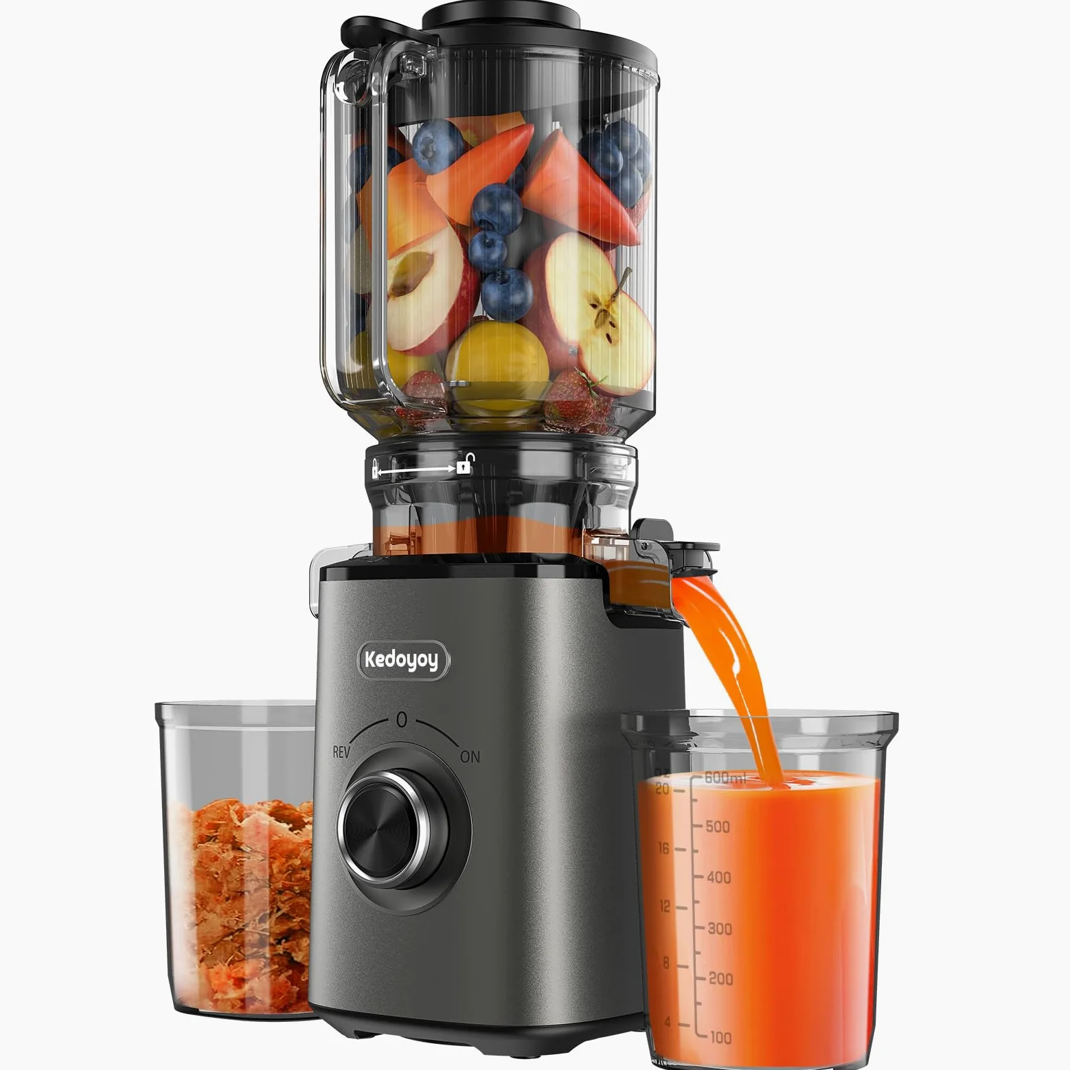 Entsafter Gemüse und Obst Testsieger, Slow Juicer mit 130 MM XL-Einfüllschacht, 600 mL Saftbehälter, Elektrische Juicer Machine für Familien, Gesundheitsbewusste