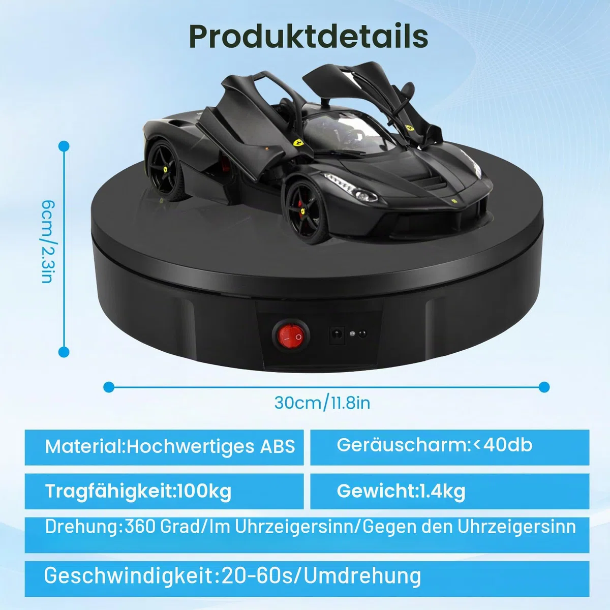 Elektrischer Drehteller, 100KG 30CM Drehscheibe Elektrisch, Elektrischer Drehteller mit Fernbedienung Einstellbare Geschwindigkeitsrichtung Mit 5-Farbiger Hintergrundtafel für Fotografie