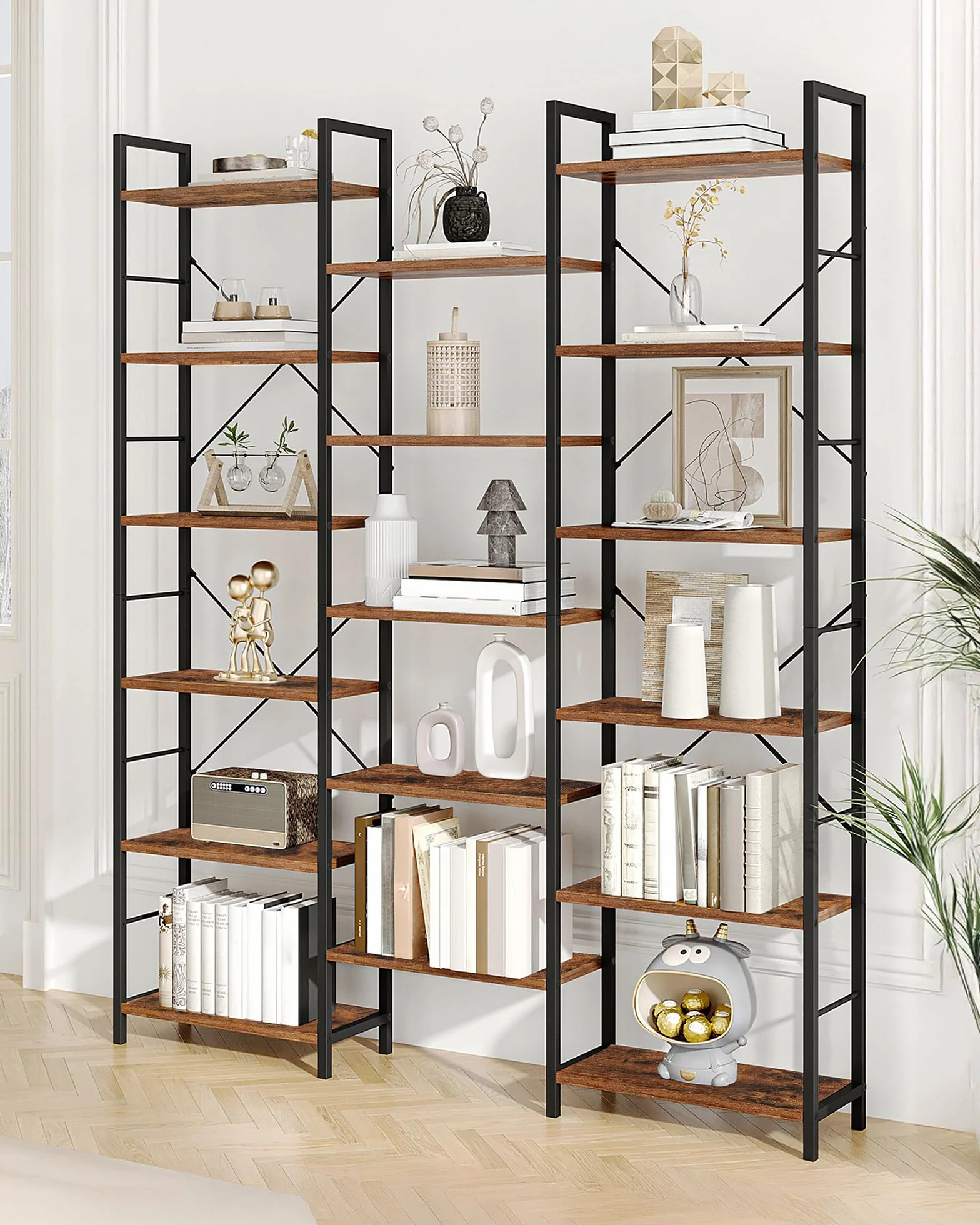 Hzuaneri 186 cm Bücherregale, Standregale, Regal mit 17 Fachböden, 6 Etagen, Verstellbarer Abstand, 24 x 152 x 186 cm, Tragfähigkeit 340 kg, Wohnzimmer, Büro, Vintage Braun-Schwarz BC10101B