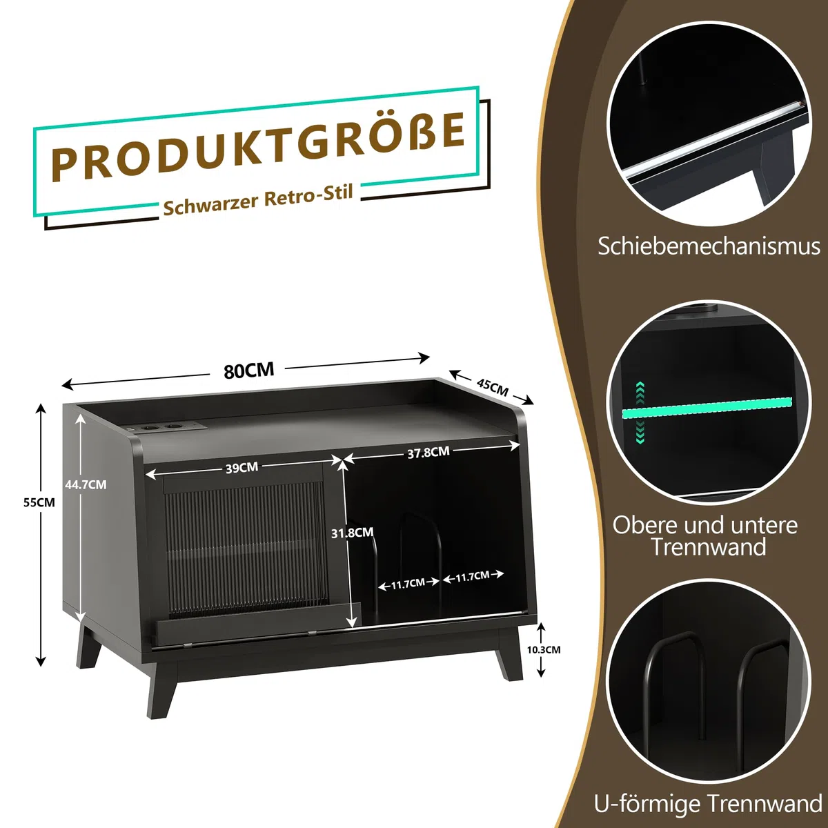Feonase Plattenspieler Regal mit Steckdose und Glasschiebetür, Holz Plattenspielertisch für über 200 Schallplatten, offener Stauraum, ideal für das Wohnzimmer (Black)