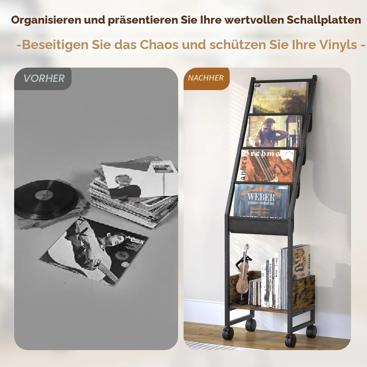 Schallplattenständer Vinyl Schallplattenhalter Bis zu 150 Alben Schallplatten Aufbewahrung Mit 4 -Tier Schallplattenhalter für Vinyl-Schallplatten, Plattenspieler Ständer Beistelltisch Nachttisch