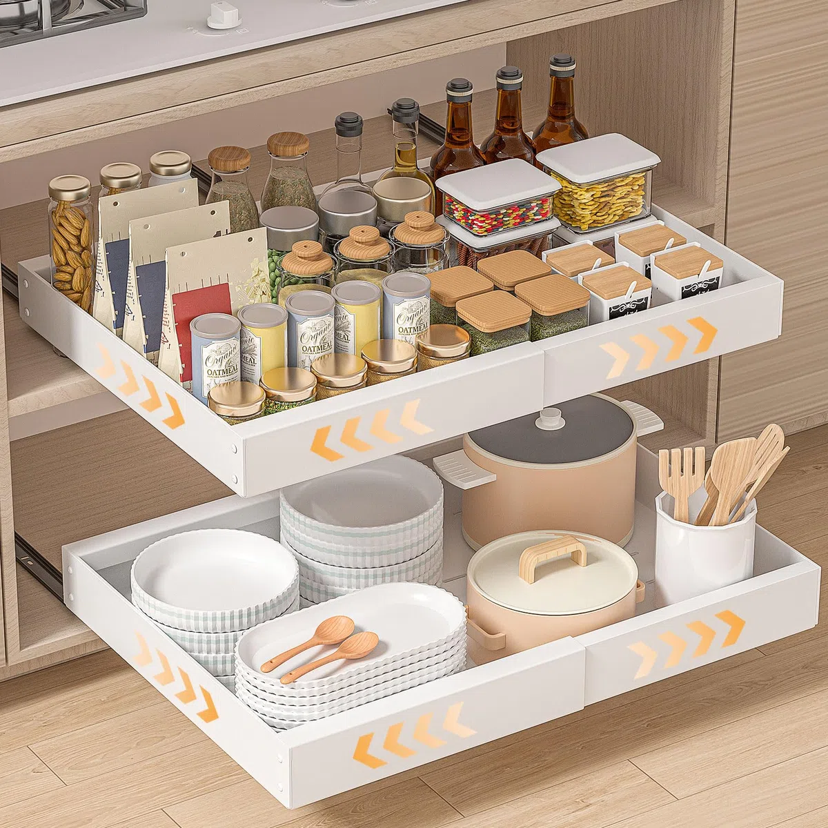 PNNP 2 Stück Teleskopschublade Ausziehbar Küche Schublade: 52 cm tiefe Ohne Bohren Für Die Nachrüsten Und Organizer Von Schrank verstellbare Breite 32 cm-53 cm | Weiß