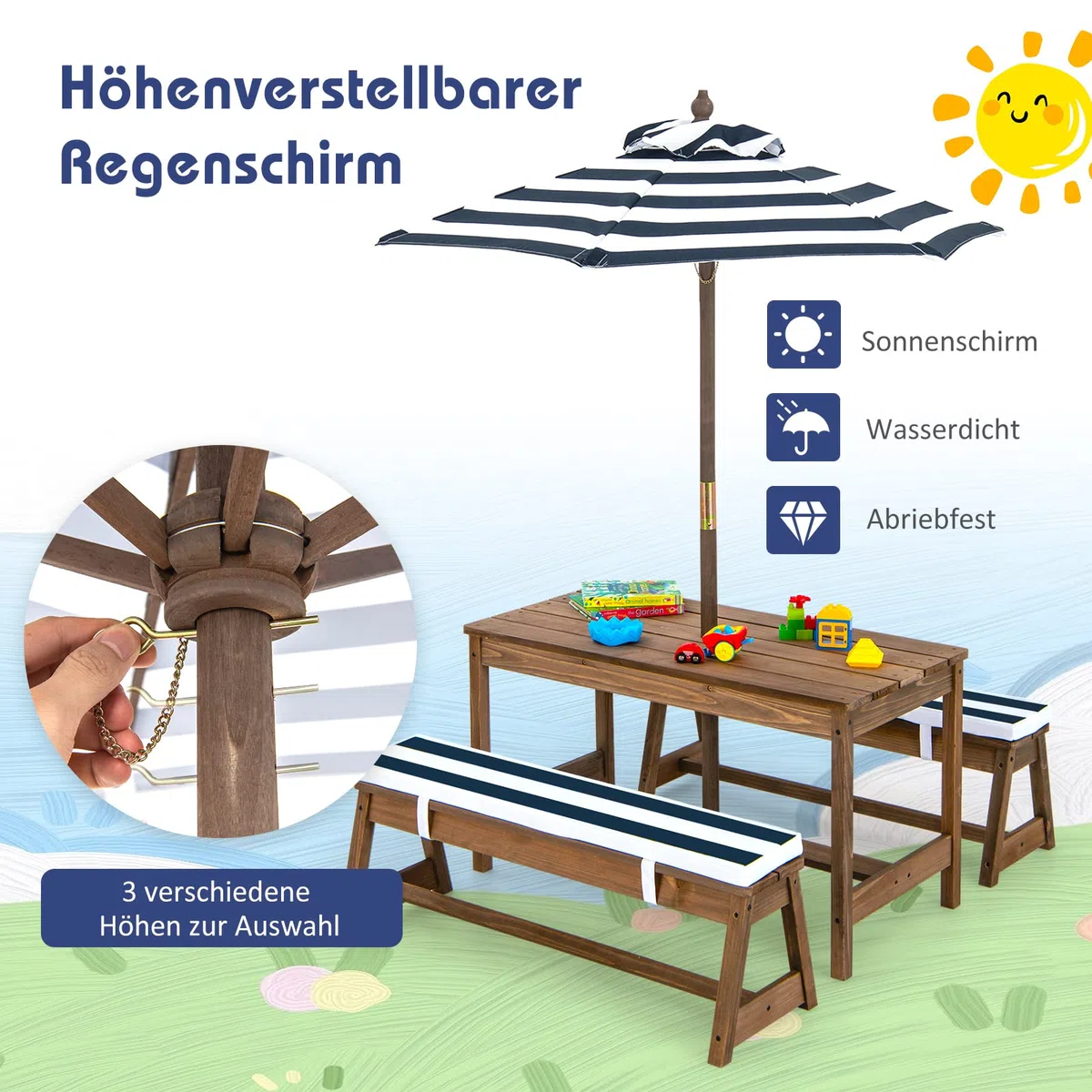 GOPLUS Kinder Picknicktisch, Kindersitzgruppe mit Bänke, Kissen & Sonnenschirm, Kindersitzgarnitur Outdoor aus Holz, Kindersitzbank Sitzgruppe Gartentischset Gartenmöbel für Garten, Terrasse & Balkon