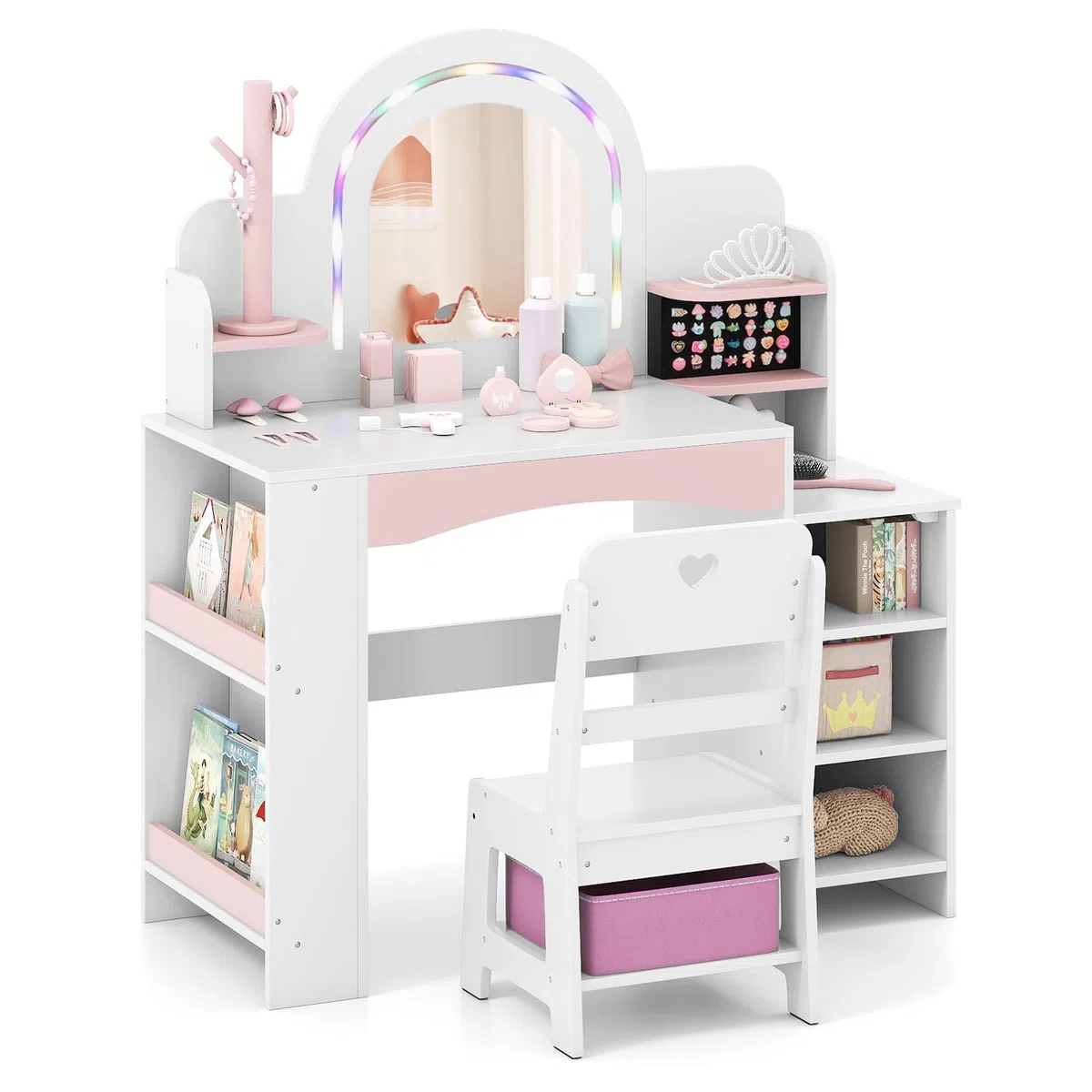 FANTASK 2 in 1 Schminktisch Kinder Set, Schreibtisch Holz mit Buntem Spiegel & Bücherregal, Prinzessin Frisiertisch mit Regalen, Schmuckhalter & Stoffbox, Kosmetiktisch für Mädchen ab 3 Jahren (Weiß)