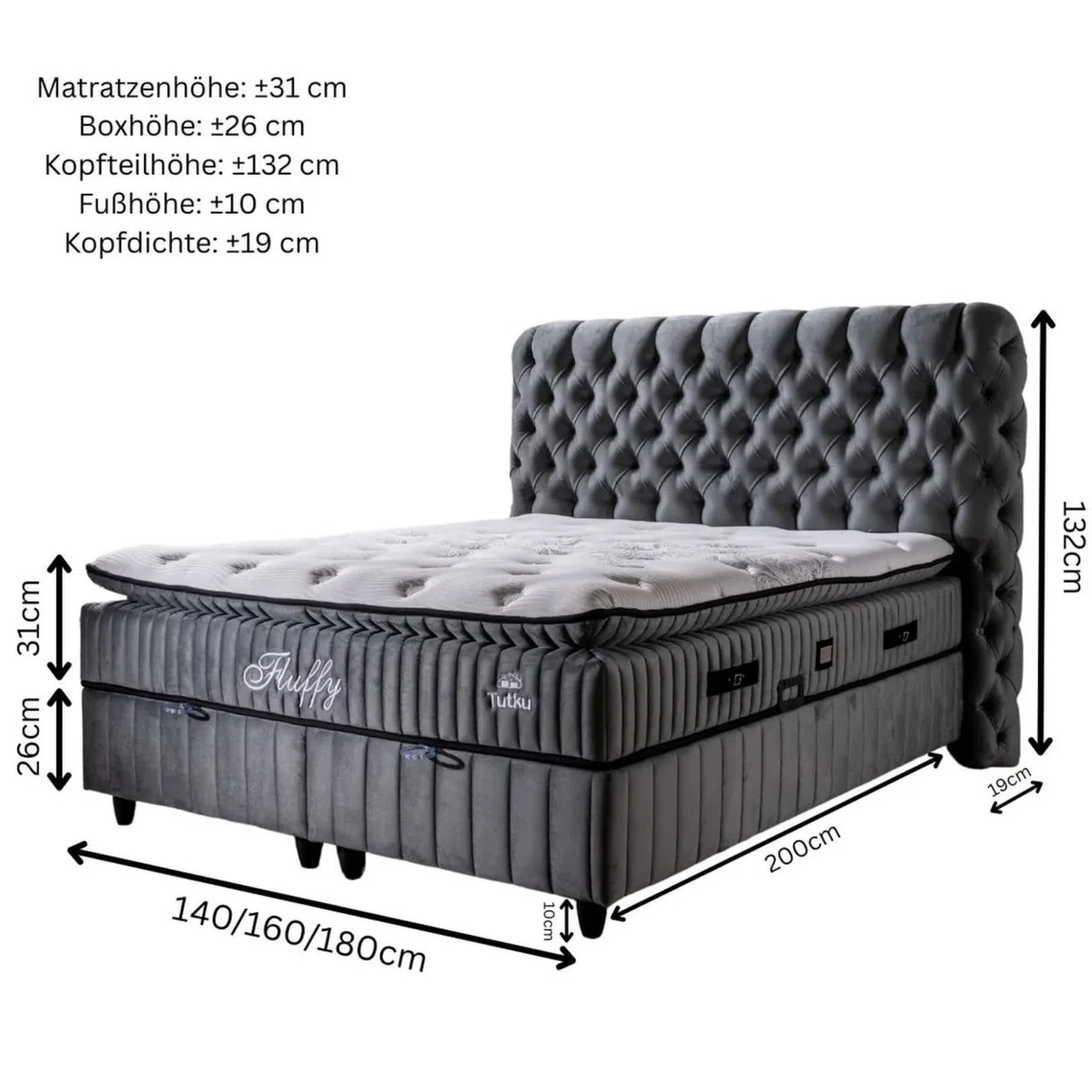 Fluffy Boxspringbett 180x200 cm mit Matratze & Bettkasten | Bett mit Stauraum - Komplettset mit 7-Zonen Orthopädischer Matratze mit Topper – Allergenfrei, Atmungsaktiv | Liegehöhe 67 cm (Grau)