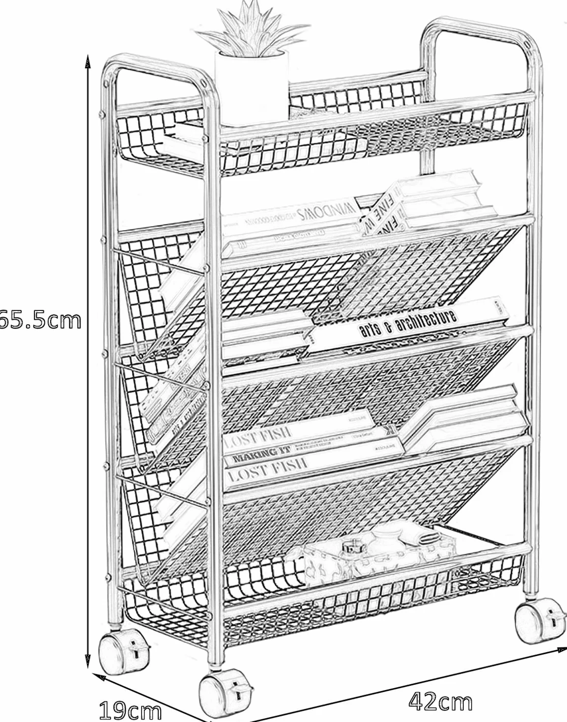 Rollbarer Bücherwagen, mobiles Bücherregal mit Rollen, kompaktes Design, Organizer, Trolley, bodenstehend, Metall-Bücherregale/Eck-Ausstellungsregal, Zeitschriftenständer für engen Raum (Farbe: Weiß,