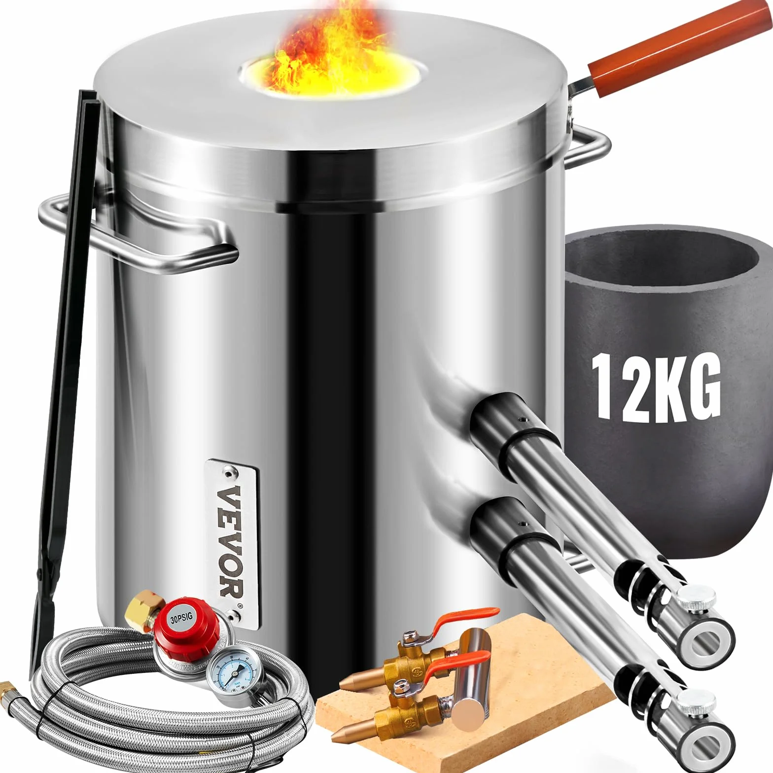 VEVOR Schmelzofen Propan Metall Schmelzofen 12 kg, Edelstahl Schmelzofen Gas 1482 ℃ inkl. 2 x Brenner, 1 x Tiegel, Schmiede Messerherstellung Schmiedeset für Kupfer, Aluminium, Gold, Silber usw.