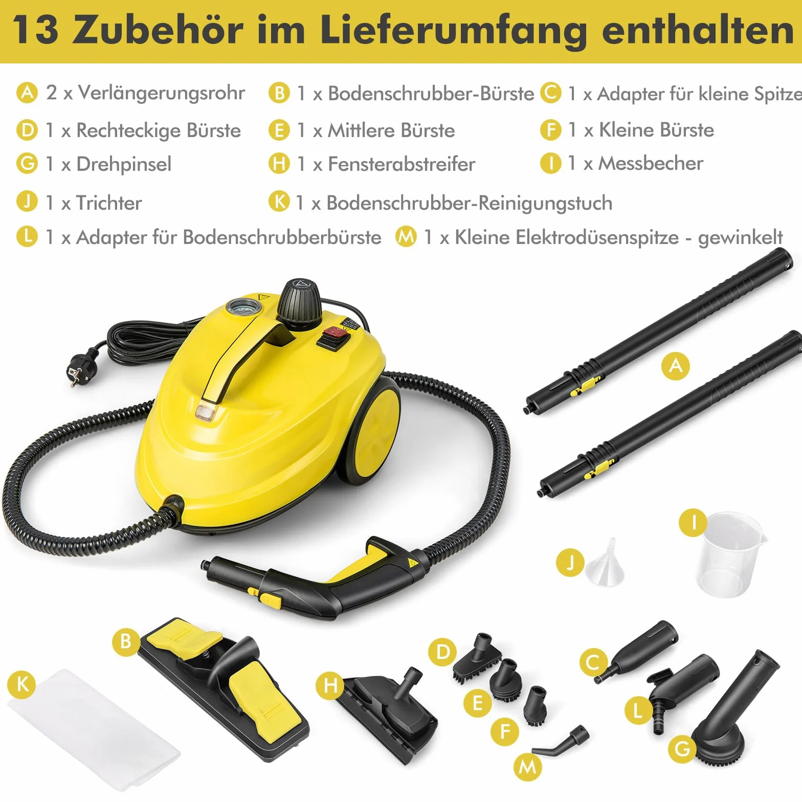 COSTWAY Dampfreiniger 2000W, Dampfdruck: max. 5 bar, Temperatur bis zu 160℃, Flächenleistung: 108 m², 1,8L Tank, Aufheizzeit: 8 Min., Dampfgeräte inkl. 13 Zubehör & 5m lange Netzkabel (Gelb)