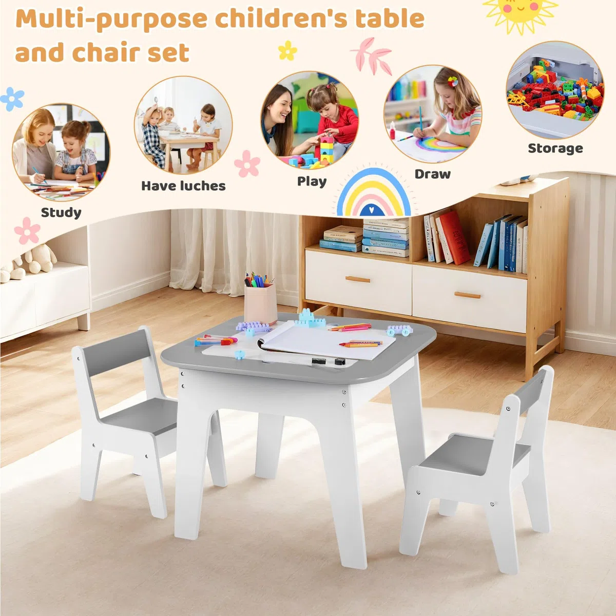 Clevich Kinder Tisch Stuhl Set, Kindersitzgarnitur, Stauraum, mit 2 PCS Stühlen, Kindersitzgruppe, Doppelseitiger Maltisch & Bauplatte, Packung mit 2 Stühlen, Kindermöbel für Kinderzimmer, Grau