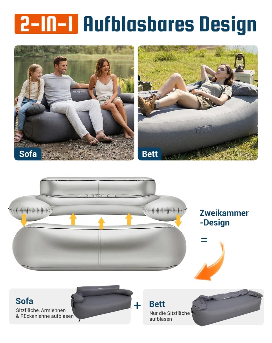 KingCamp Aufblasbares Sofa Camping mit Elektropumpe, 400 kg Belastbar Luftsofa Outdoor, Tragbarer Doppel Camping Couch Aufblasbar, Wasserdichtes Luft Sofa für 2 Personen, Reisen Strand Garten, Grau