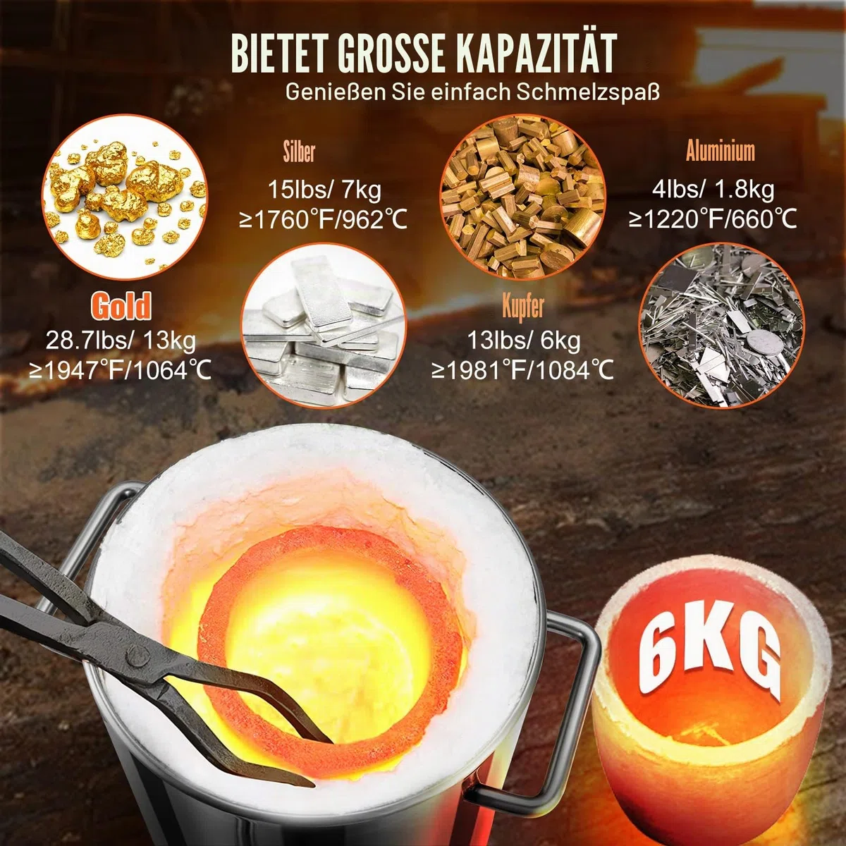 VEVOR Metallschmelzofen, 6 kg große Kapazität, Gießerei-Heimöfen, Schmiede mit Tiegel und Zange, Edelstahlschmelze, für Metallschrott, Gold, Kupfer, Silberguss