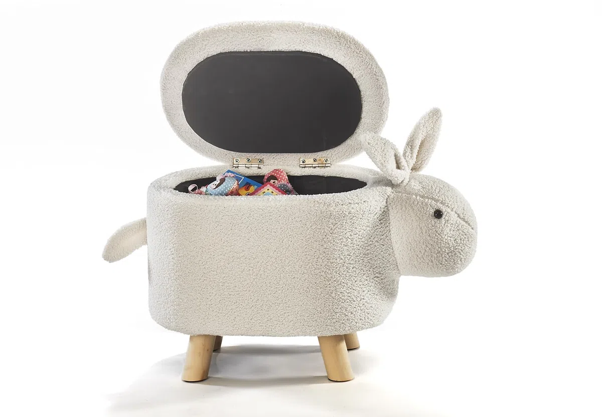 Kobolo Hocker Bunny | weiß 60x35x37 cm | Tierhocker mit Staufach | Bouclé-Teddystoff | Flauschige Sitzgelegenheit & Aufbewahrung im Tierdesign für Kinder