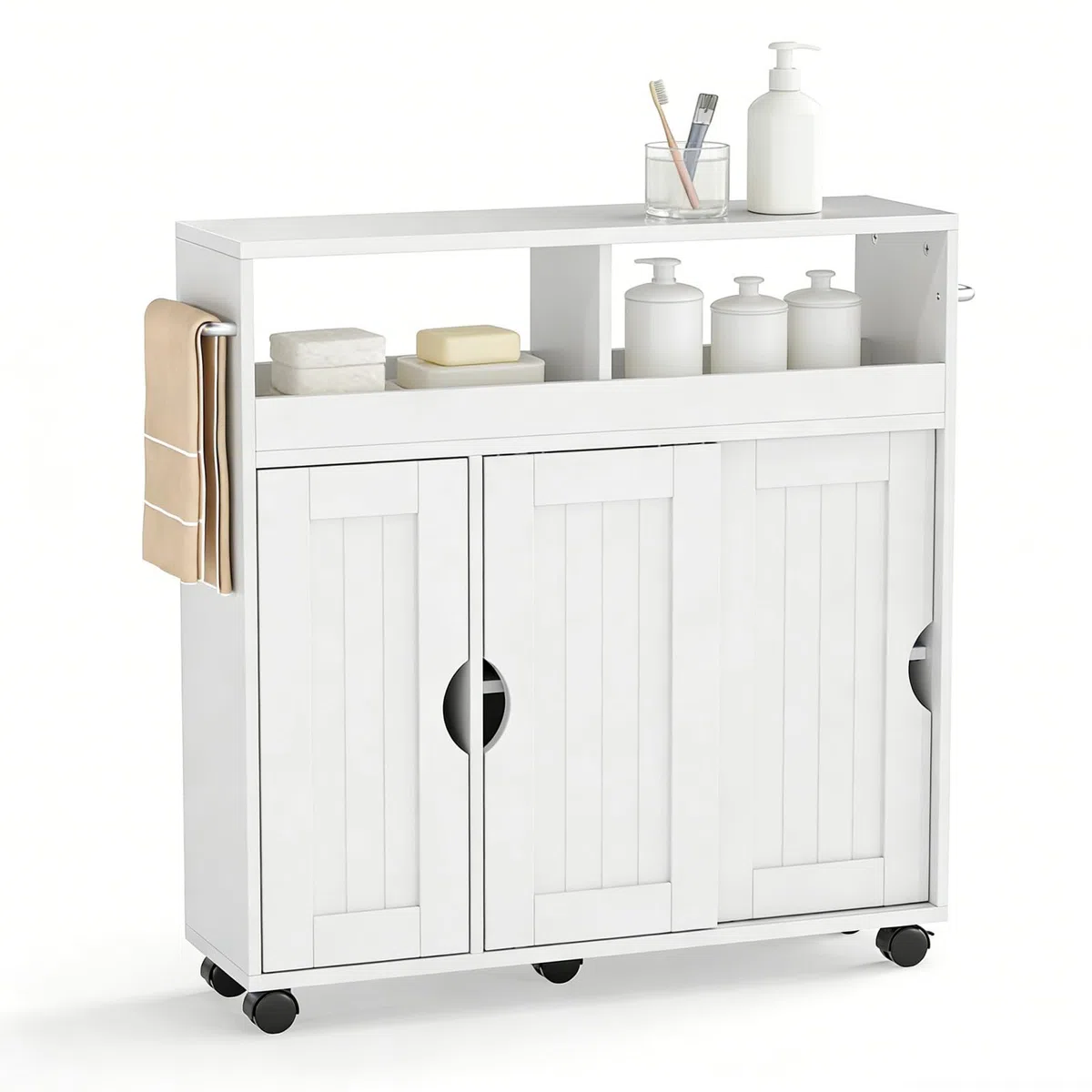 LIFEZEAL Nischenschrank, Badezimmerschrank schmal mit offenen Ablagen, Schrank & Schiebetüren, Nischenwagen mit verstellbarem Einlegeboden, Badrollwagen für Bad, Küche, 75 x 20 x 72 cm, Weiß