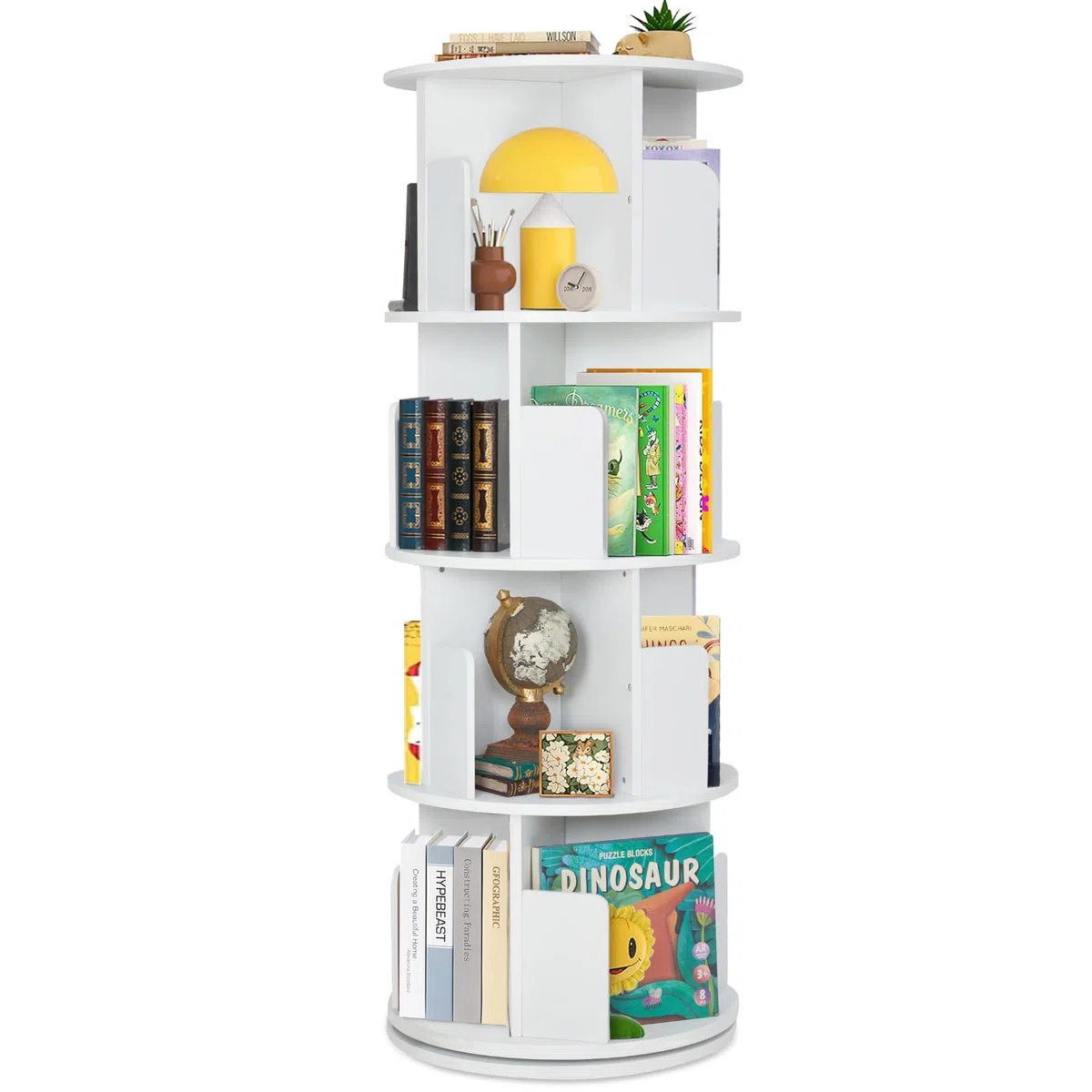 labebe Drehbares Bücherregal 360 Grad, Holz-Eck-Bücherregal, 4-stöckiges drehendes Bücherorganisator, Aufbewahrungsregal Organisator, weiß