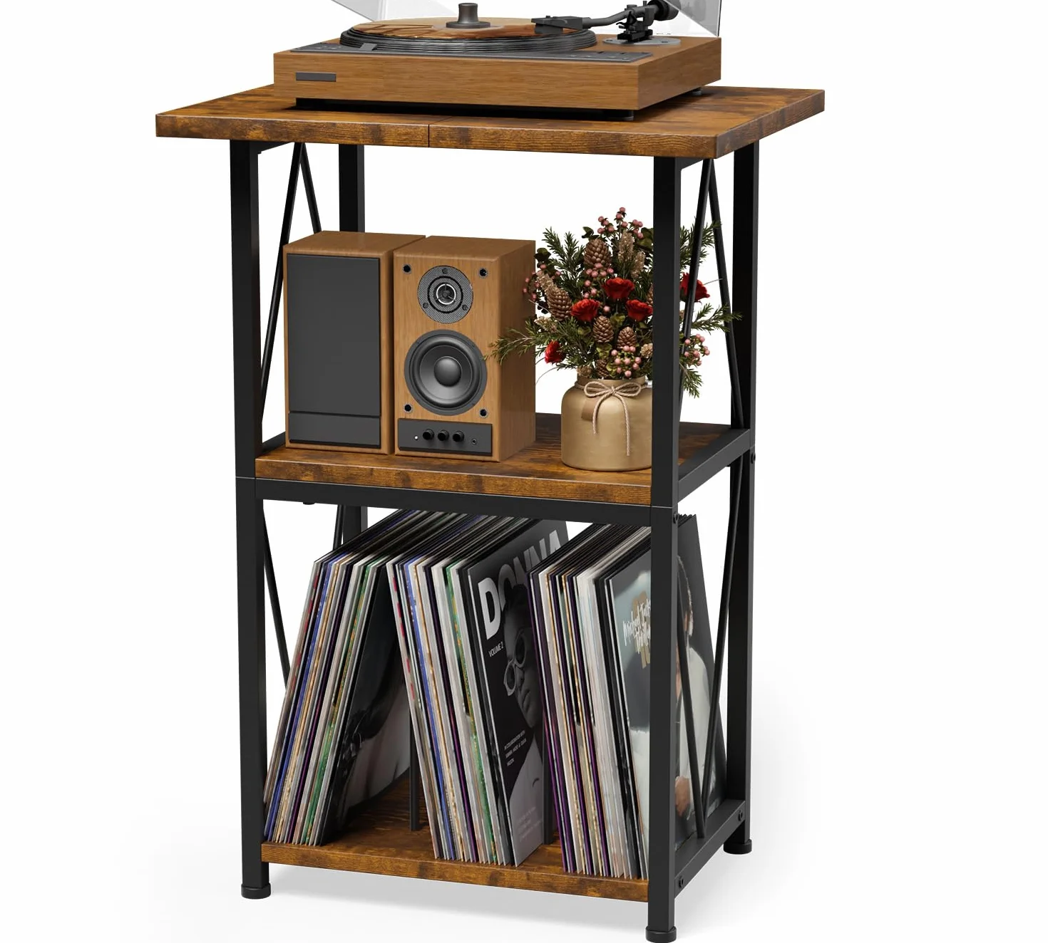 Verbesserte Version Plattenspieler Regal mit Breiterer 50×40cm Tischplatte, 3 Etagen Schallplatten Regal, Schallplatten Aufbewahrung für 100 Schallplatten, Beistelltisch für Wohnzimmer Schlafzimmer