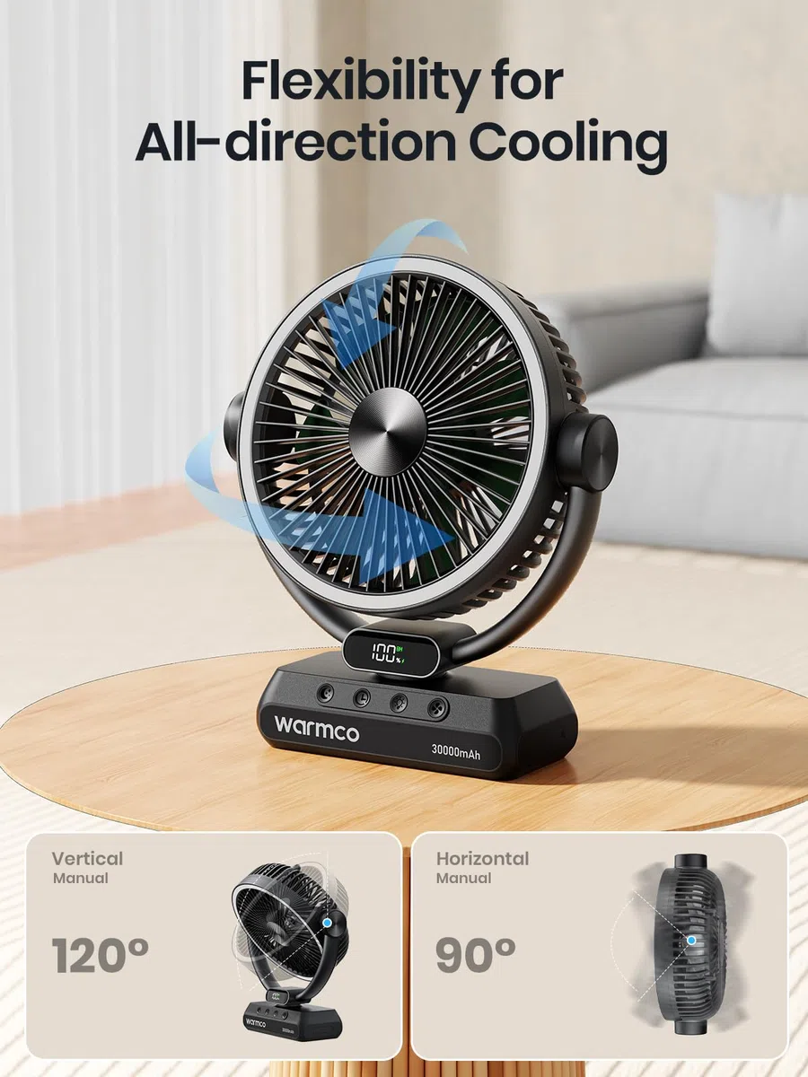Warmco Camping Ventilator mit 30000mAh Akku, 30W PD Schnellladefunktion, LED Licht, Timer, 15-99 Std. Laufzeit, Leise, mit Haken