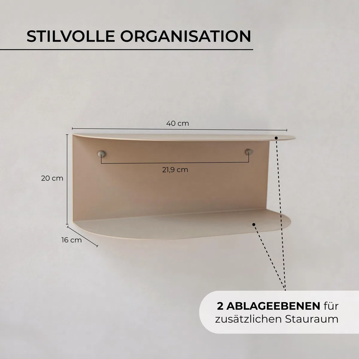MILUKA Schwebender Nachttisch Hängend 2er Set (2 Stück) aus Metall Beige Sand | 40 x 20 cm, mit 2 Ebenen | Ohne Montage, Wandregal Modern & Konsolentisch