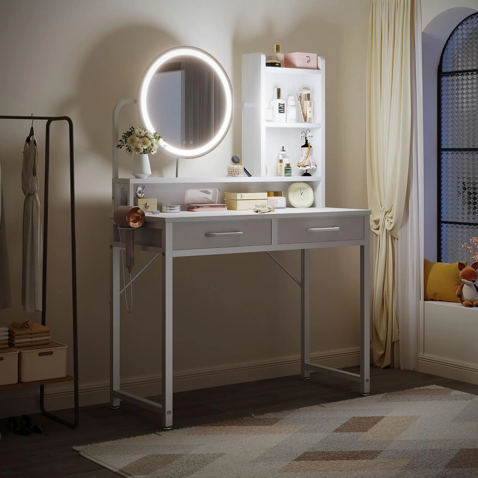 ODK Schminktisch mit LED-Lichtern, Verstellbare Helligkeit & Höhenverstellbar für 120-180 cm, 2 Stoffschubladen, 80×40×136cm, Weiß+Weiß