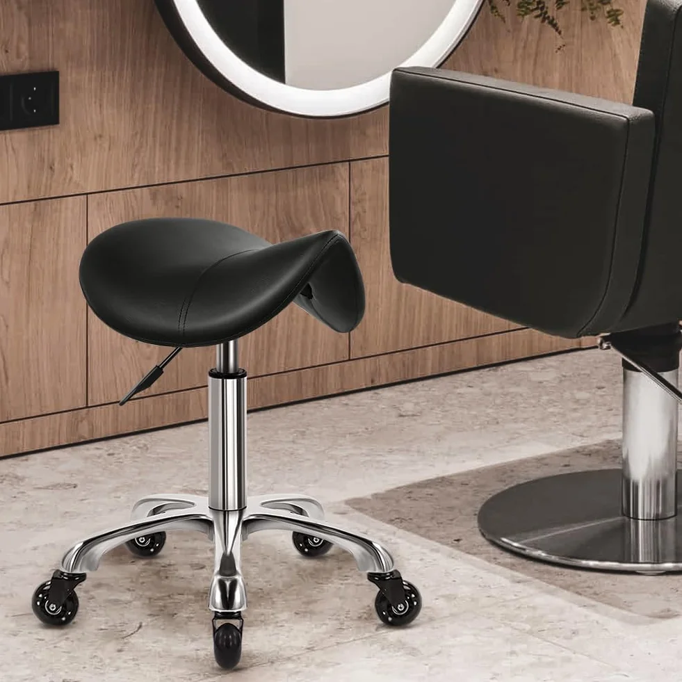 WKWKER Heavy Duty Rollhocker mit Rädern Hydraulischer Drehgelenk Verstellbarer Rollhocker Ergonomisch Dickes Leder Sitzhocker Stuhl für Küche Zeichnen Labor Büro Salon Nachricht Hocker - Schwarz