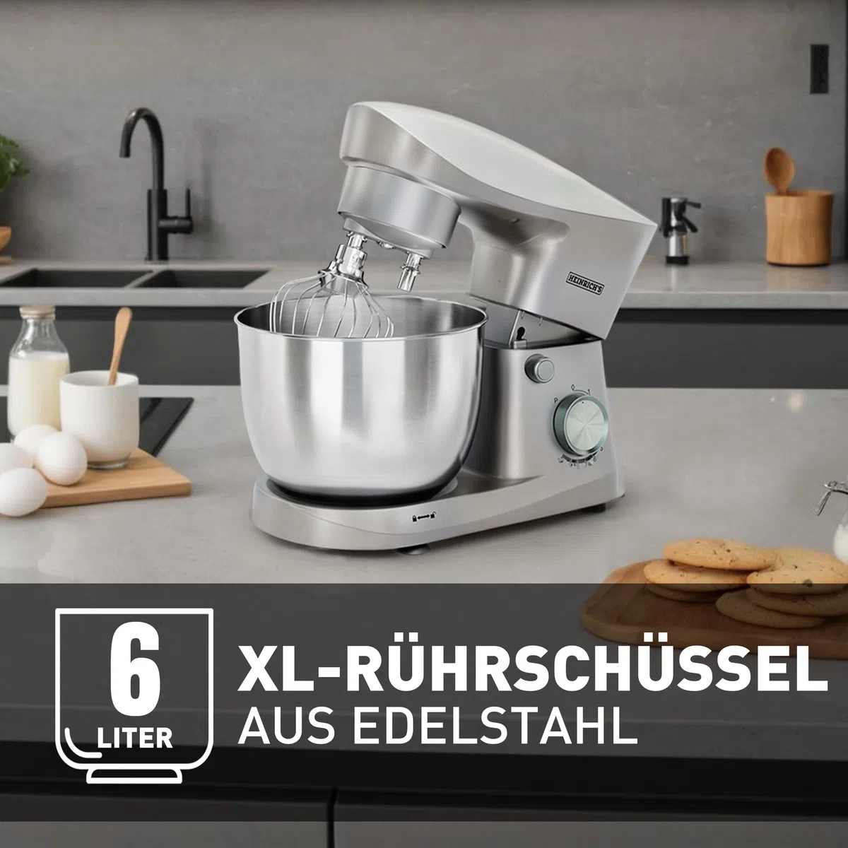 Heinrich´s Küchenmaschine, Knetmaschine, Teigmaschine, Rührmaschine, 1500W Küchengerät, Knethaken, Rührhaken, Schneebesen, 10 einstellbare Geschwindigkeiten, XL 6L Edelstahlschüssel,geräuscharm,silber