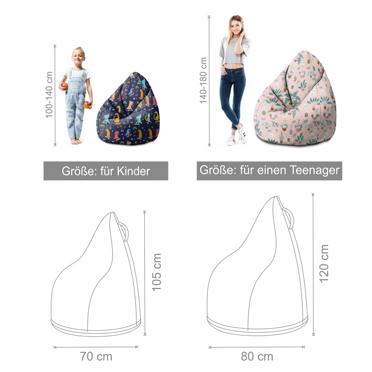 DreamRoots Sitzsack Kinder mit füllung - Bodenkissen Kinderzimmer 70 x 70 x 105 cm - Bean Bag - Bubibag - Kindersitzsack - Sitzkissen Boden