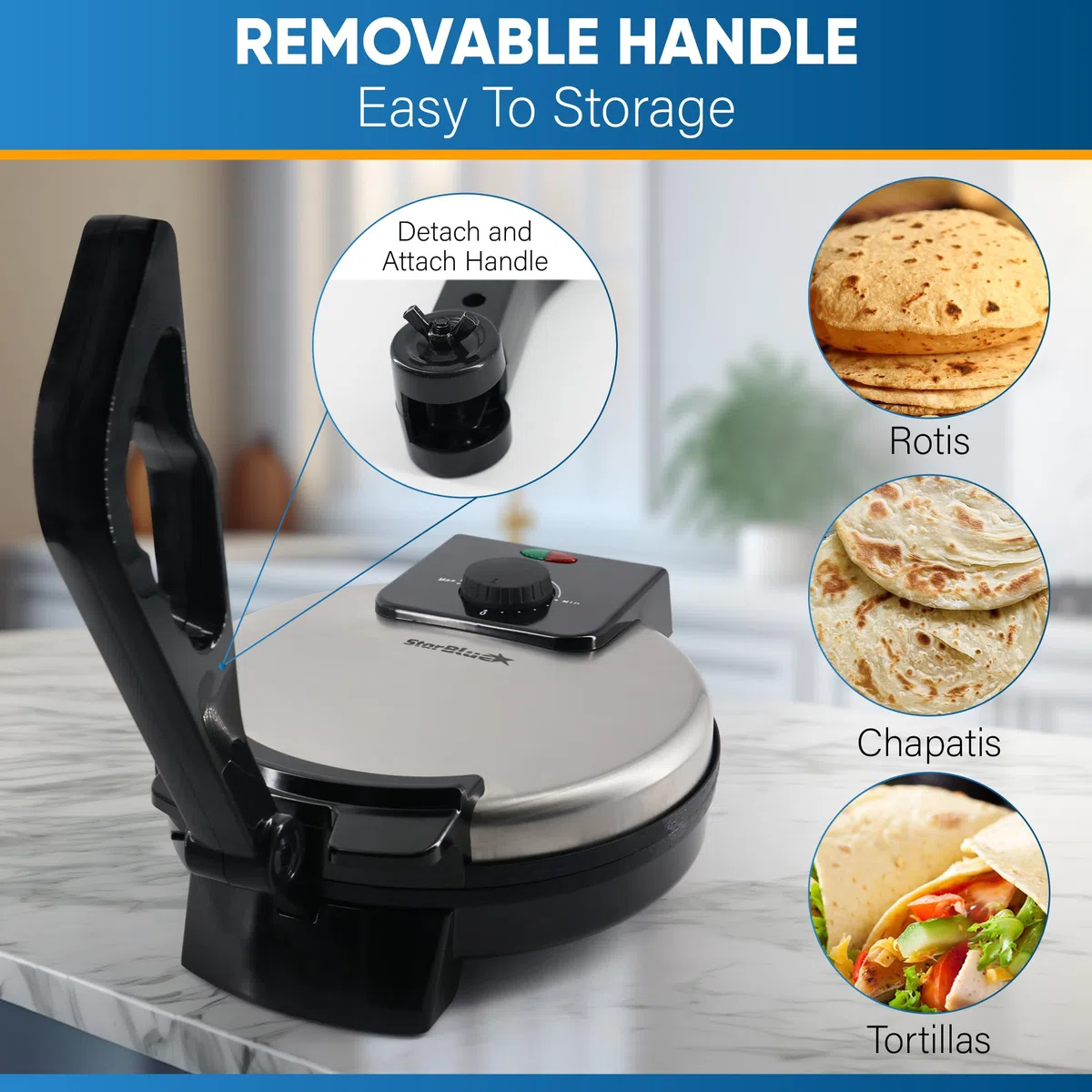 25,4 cm Roti-Maker von StarBlue mit kostenlosem Roti-Wärmer und abnehmbarem Griff – Indischen Chapati, Tortilla, Roti AC220-240V 50/60Hz 1200W, UK-Stecker