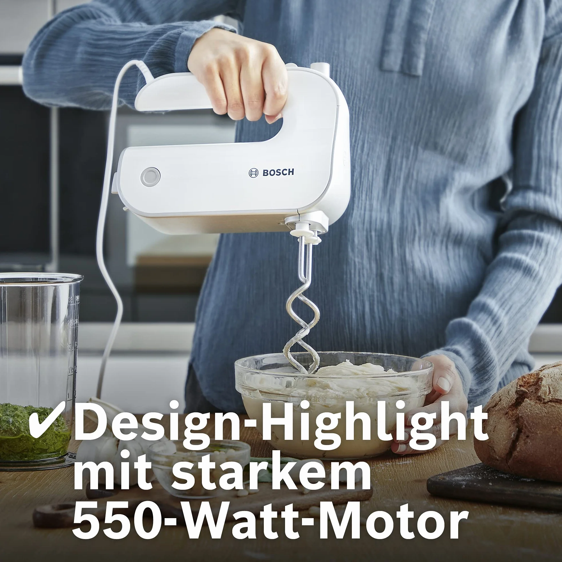 Bosch Handrührer Styline MFQ4075DE, 2 Rührbesen, 2 Edelstahl-Knethaken, spülmaschinengeeignet, Pürierstab, Mixbecher, 5 Stufen plus Turbostufe, 550 W, weiß/silber