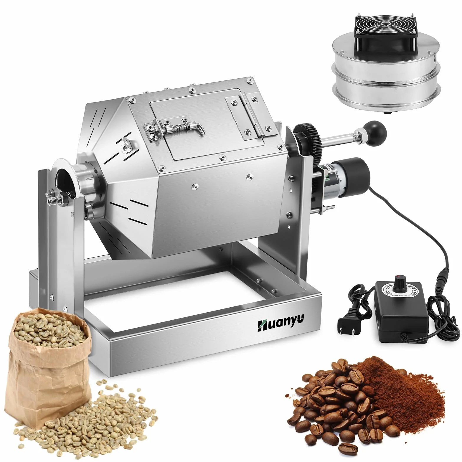 Huanyu Kaffeeröster mit Kaffeebohnenkühler 500g Kapazität Kaffeeröster Maschine Edelstahl Elektrischer Kaffeebohnenröster Multifunktionaler Röster für Erdnüsse und Körner