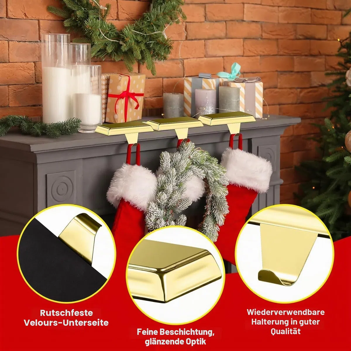 Weihnachtsstrumpfhalter, Kaminstrümpfe, Kleiderbügel, Metall, zum Aufhängen, Strumpfhalter, Basis für Kamin, freistehend, Weihnachten, Party-Dekoration (2 Gold, 2)