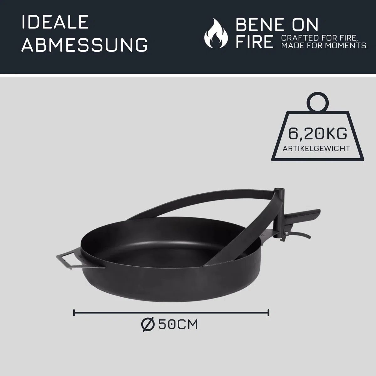 BENE ON FIRE Feuerschalen Grillpfanne Ø 50 cm mit Griff | Stahlpfanne schwarz 6,2 kg hitzebeständig stabil | zum Braten Rösten über offenem Feuer | Zubehör Feuerschalen Arizona Washington
