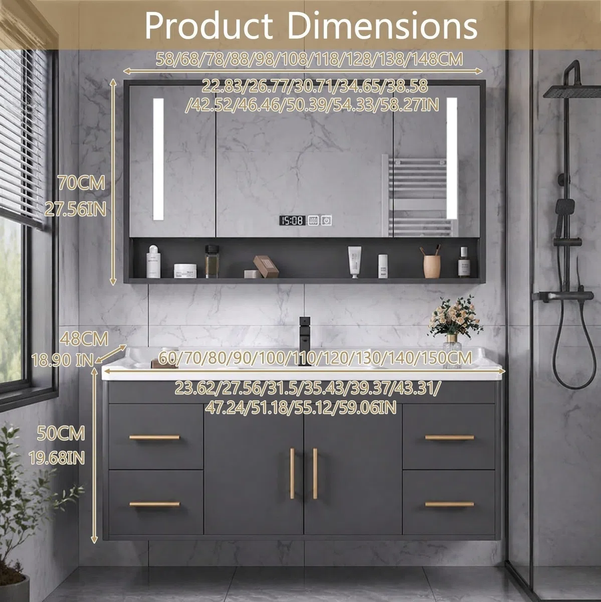 Badmöbel Set mit Waschbecken und Spiegelschrank, Hängender Waschbeckenunterschrank mit Keramikbecken, Modernes Badezimmermöbel Set mit Stauraum für Bad