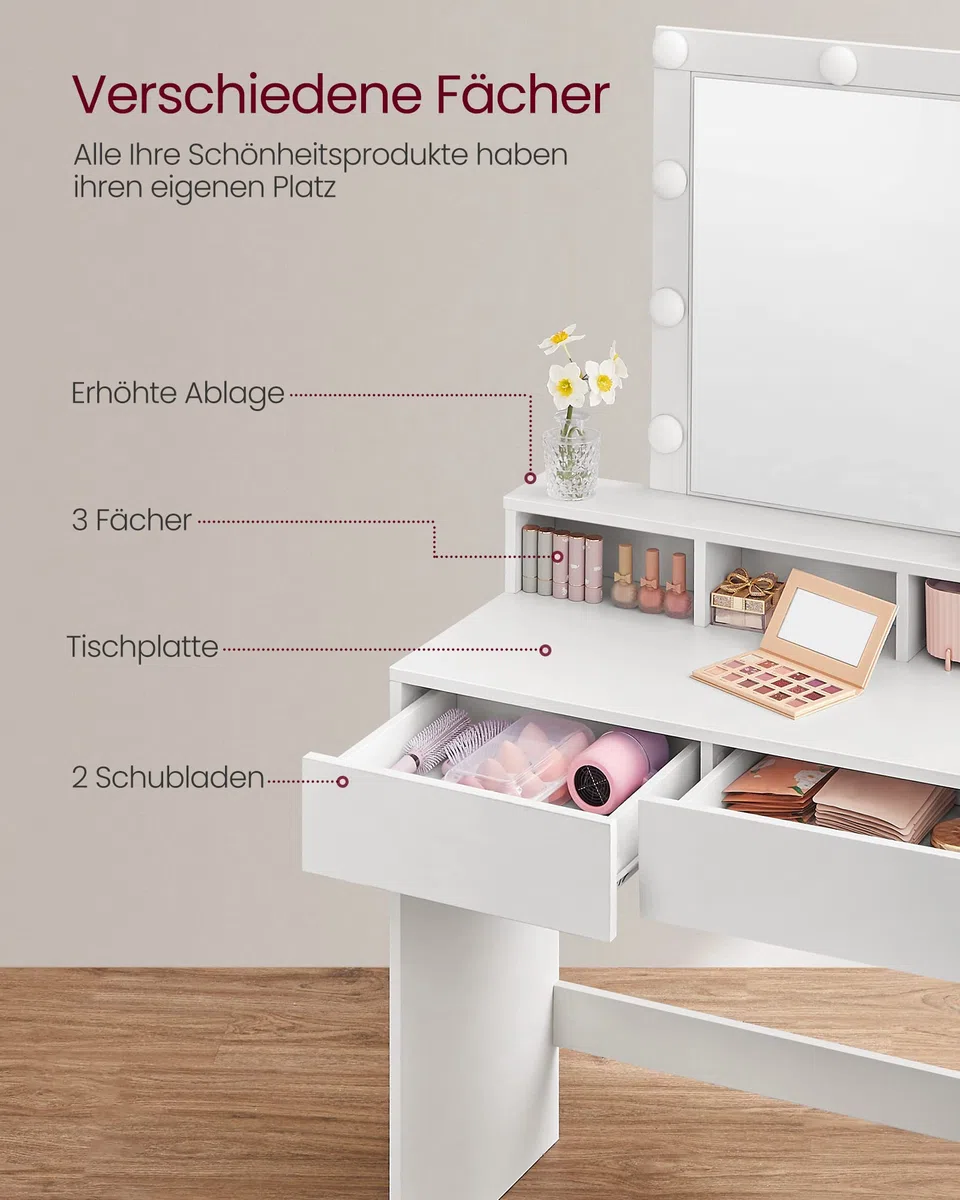 VASAGLE Kailyn Kollektion - Schminktisch mit LED-Beleuchtung, einstellbare Helligkeit, Frisiertisch mit Spiegel, Kosmetiktisch mit 2 Schubladen und 3 offenen Fächern, weiß RDT114W01