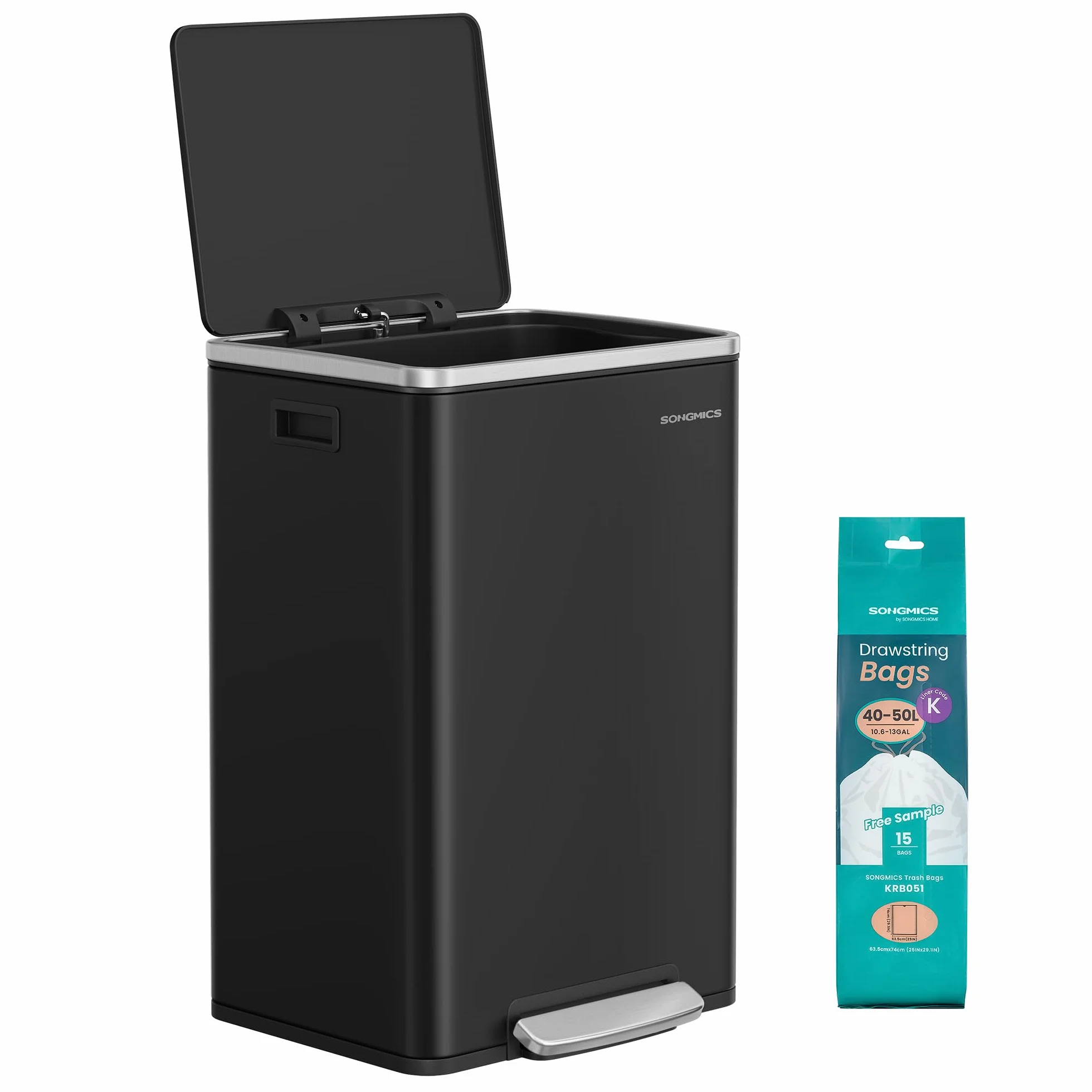 SONGMICS Mülleimer 50 L, 15 Müllsäcke, Stahl, herausnehmbarer Inneneimer aus Kunststoff, mit Deckel, Griffe, Softclose, tintenschwarz LTB595B02