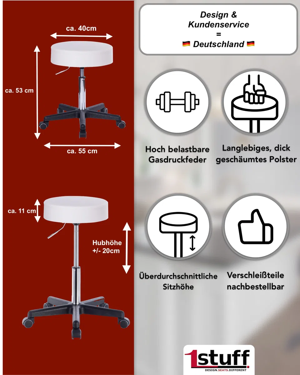 XL Profi Rollhocker, 40cm Sitzbreite, Sitzhöhe bis 70cm, Stoff Grau | 1stuff-Qualität vom Fachhändler, Bürohocker höhenverstellbar, Drehhocker 360°, hohe Belastung, Arzthocker, Stoffbezug
