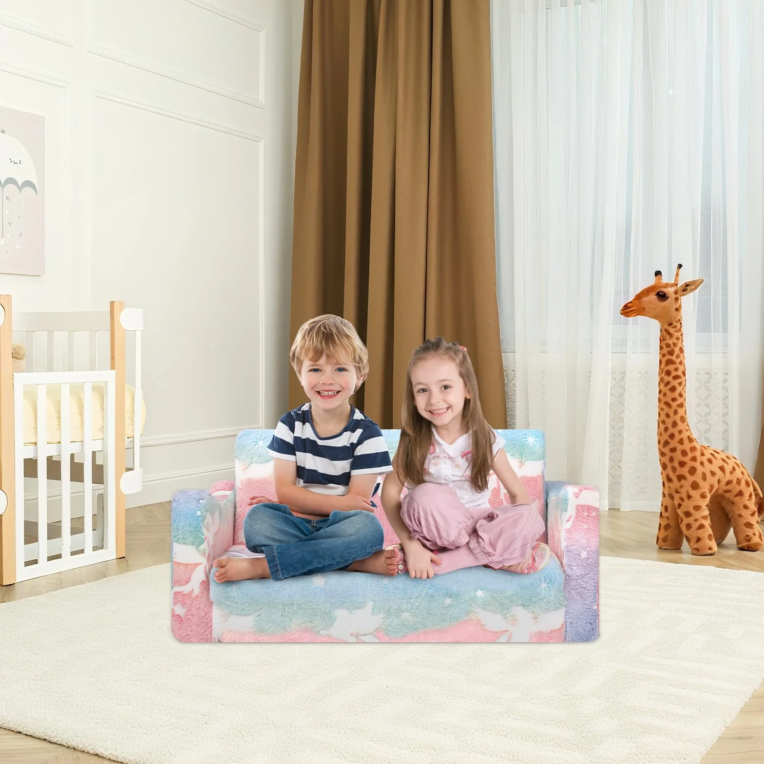 Einhorn Kindercouch ausklappbar 2-in-1, Extra Groß Kindersofa Das im Dunkeln leuchtet mit Schlaffunktion,Kindersessel für Kinder Kinderzimmer Spielzimmer