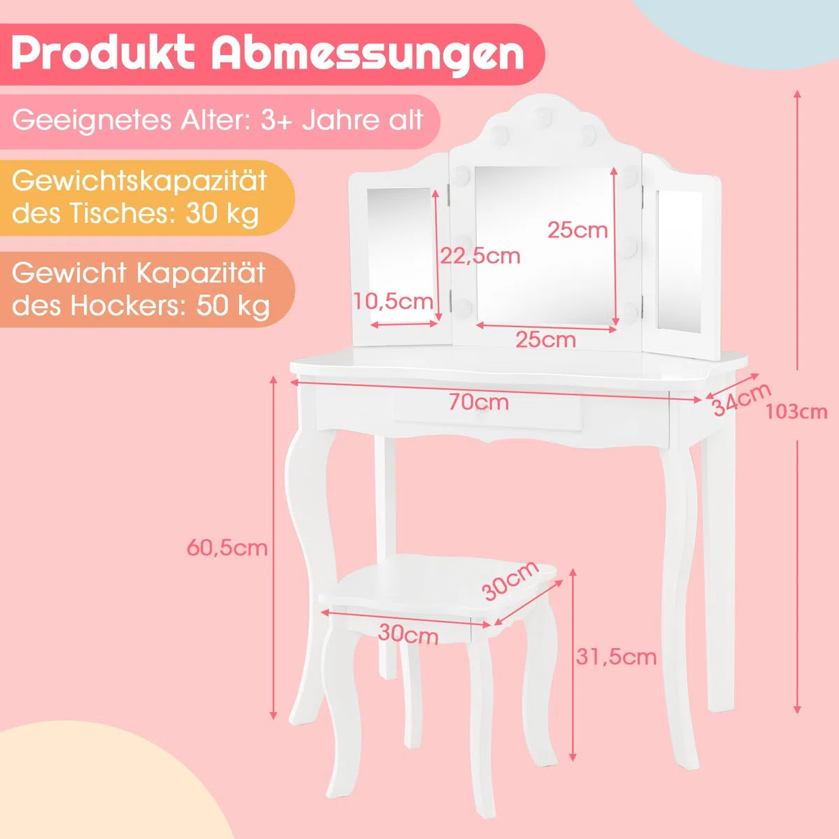 COSTWAY 2 in 1 Kinder Schminktisch mit Beleuchtung, Frisiertisch mit LED-Leuchten, klappbarem Spiegel & Schubladen, Kosmetiktisch Prinzessin für Kinder Mädchen(Weiß)