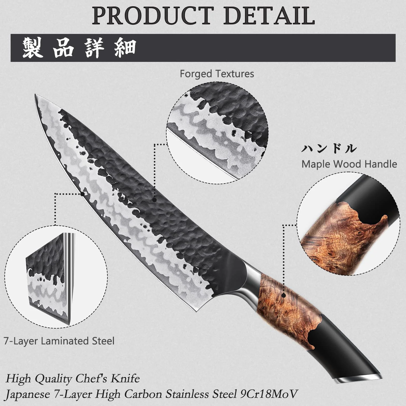 SHAN ZU Handgeschmiedetes Japanisches Messer Küchenmesser 20cm, 7 Schichten Hochwertigem Carbon Stahl Scharf Kochmesser Profi Messer Gyuto Allzweckmesser Fleischmesser mit Ahornholzgriff