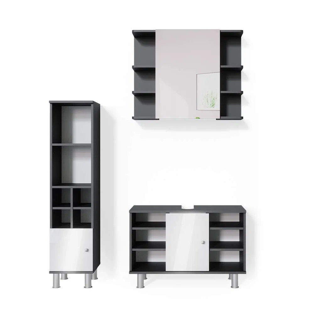 Vicco Badmöbel-Set Fynn, Anthrazit, 60 cm, besteht aus Waschbeckenunterschrank, Spiegelschrank und Hochschrank