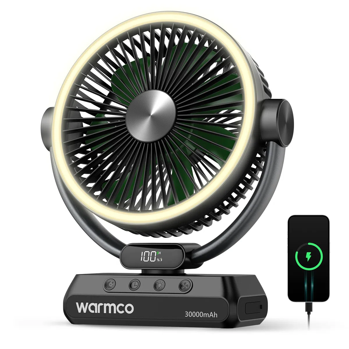 Warmco Camping Ventilator mit 30000mAh Akku, 30W PD Schnellladefunktion, LED Licht, Timer, 15-99 Std. Laufzeit, Leise, mit Haken